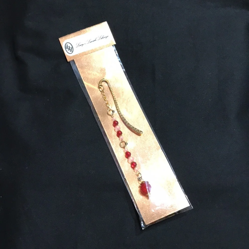 Metal Shepherds Hook Bookmark w/Chain, Red&Pink Glass Beads, & Goldtone Findings